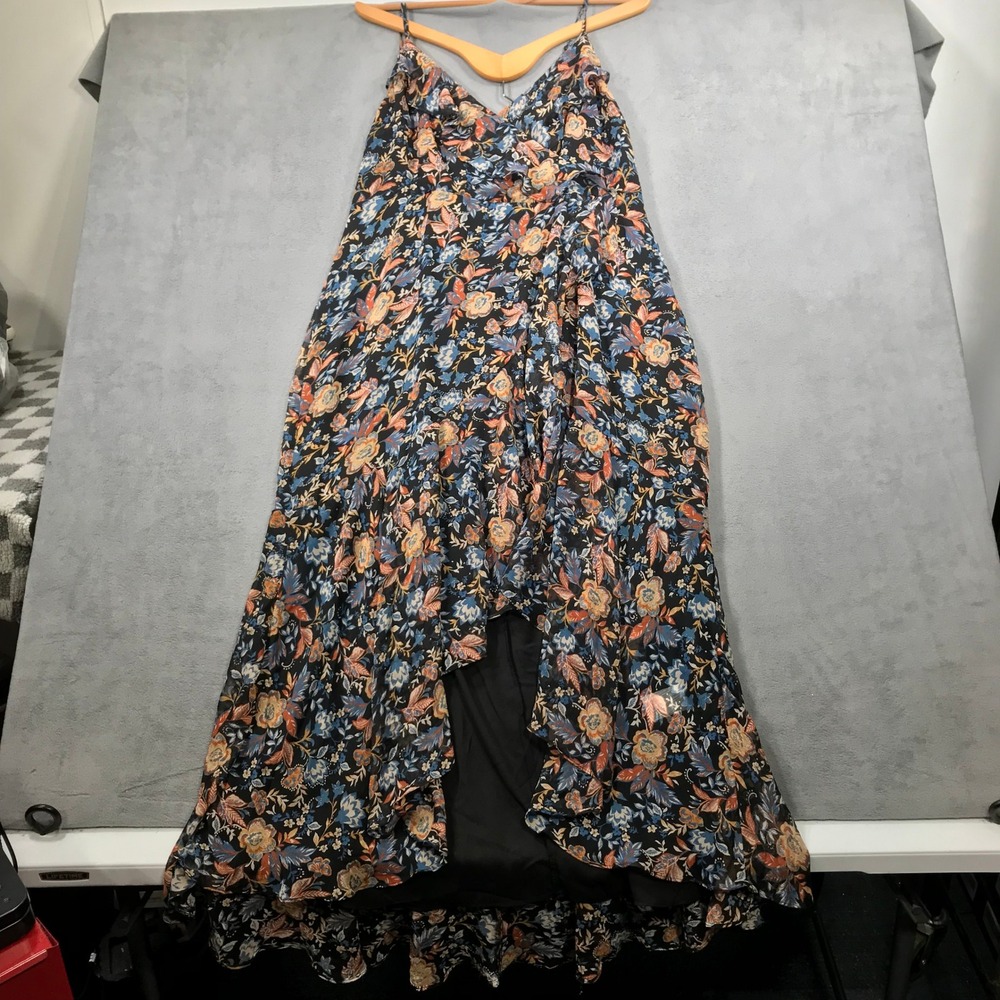 Express Maxi Dress Women XL Black Floral Excellent Sleeveless Ruffle Wrap V-Neck